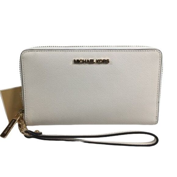 Michael Kors Phone Case Wristlet Wallet Jet Set Travel Leather Zip Optic White